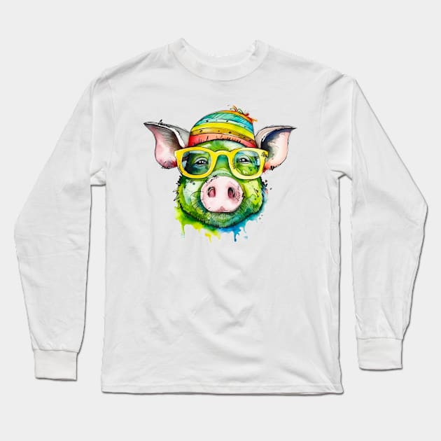 funny pig with glasses Long Sleeve T-Shirt by HJstudioDesigns